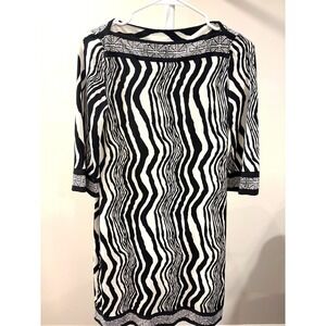 Vintage Y2K Mod Geometric Wave Dress 4 Black White Optical Zebra Boatneck Shift